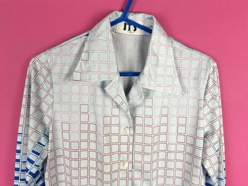 Vintage 70s 80s blue white geometric womens retro mod blouse shirt top XS S 6 8 - Picture 3 of 7