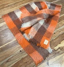 Vintage Hudson’s Bay Mohair Throw 47x72 inch Orange Plaid Blanket
