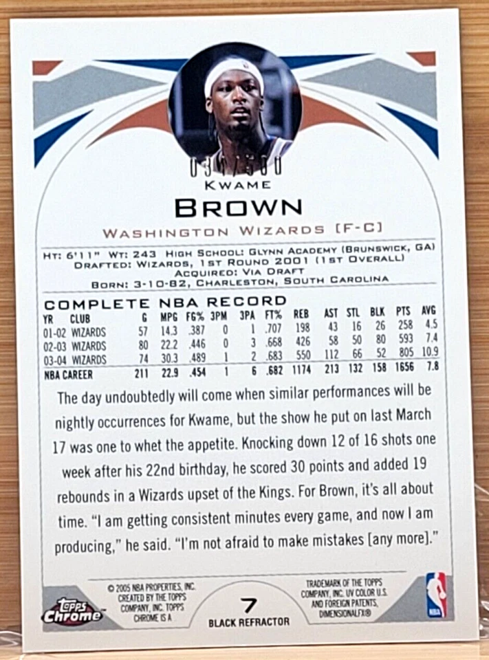 2004-05 Topps cromo Kwame marrón negro refractor #D/500 Wizards Foto 2 de 2