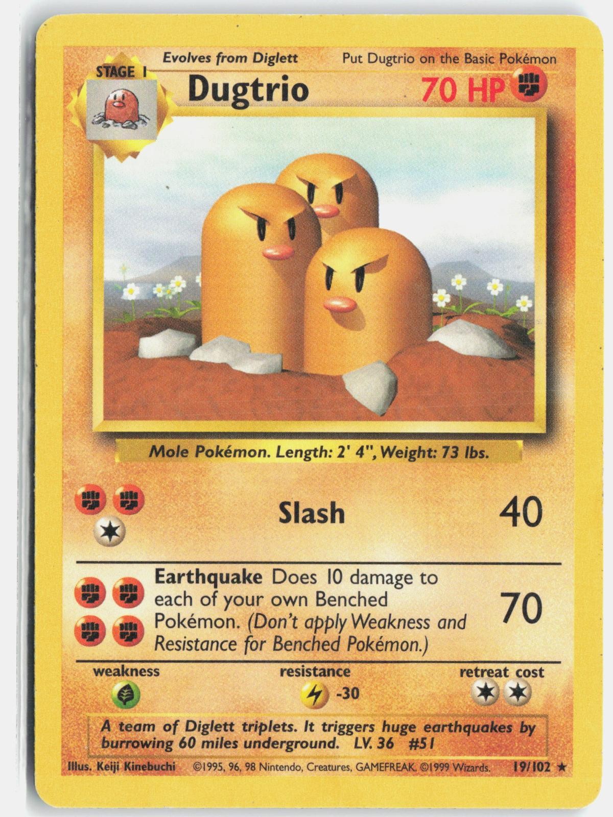 Dugtrio 19/102 Rare Base Set Unlimited Pokemon Moderately Played