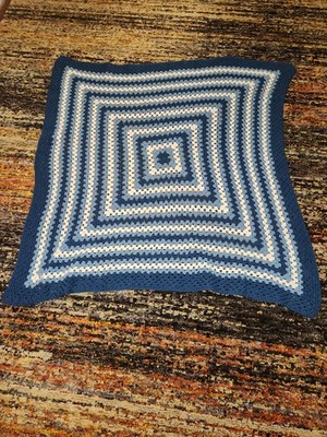 Handmade Crochet Afghan Blue White Square Throw Blanket 54 
