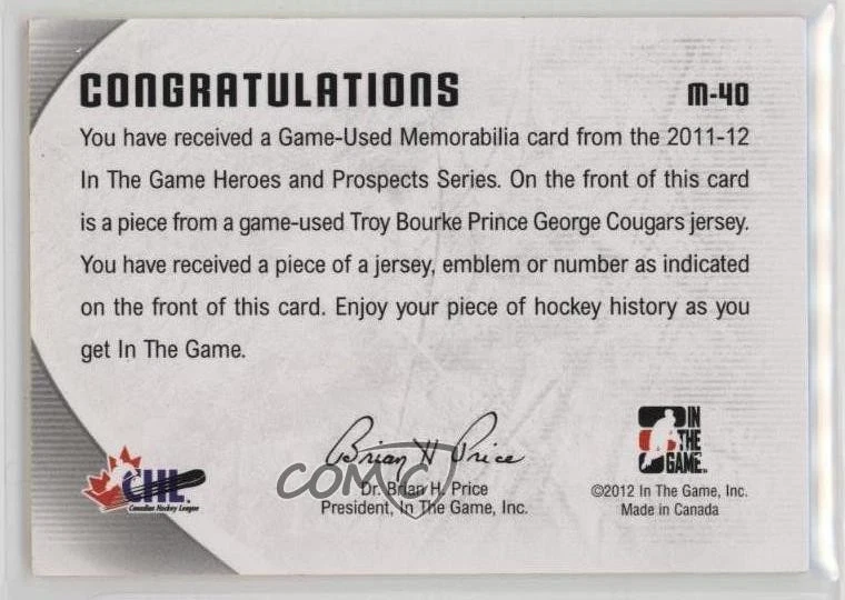 2011-12 ITG Heroes and Prospects Game-Used Black Jersey Troy Bourke #M-40 - Image 2 of 2