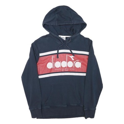 DIADORA Herren Hoodie Pullover Blau Rot Baumwollmischung M Logo Front