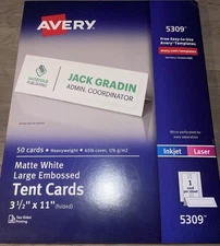 Avery Laser Inkjet Large Tent Cards Embossed 3-1/2" x 11" White 50 Sheets 5309