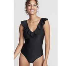 Black Ruffled Plunge Neck One-Piece Swimsuit Size XXL Old Navy Off Shoulder