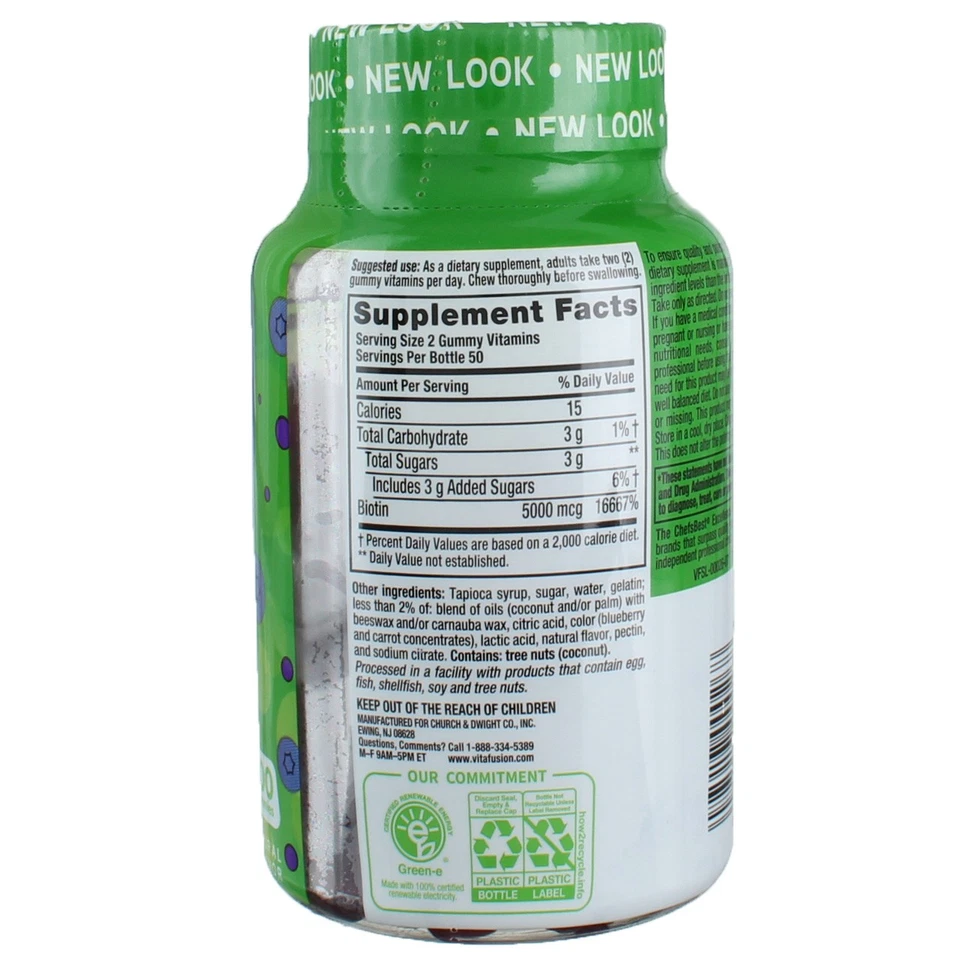 Vitafusion Biotin Extra Strength Gummies, Natural Blueberry, 5000 mcg, 100 Ct - Image 2 of 3