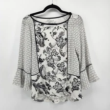 LOFT Outlet Petite Floral Print Bell Sleeve Blouse Top XSP White Black