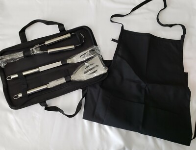 BBQ Grill Tool Set & Apron 3 Piece Spatula Fork Tongs Carry Case NEW