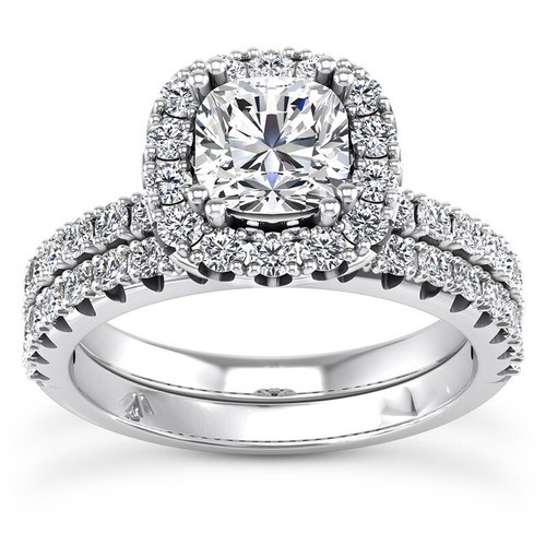 Halo Pave 3.12 Carat G VS2 Cushion Cut Lab Grown Diamond Engagement Ring Set 14k - Picture 1 of 5