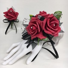 Glamour Triple Red Foam Roses on Black with Silver Trim Prom Corsage Combo