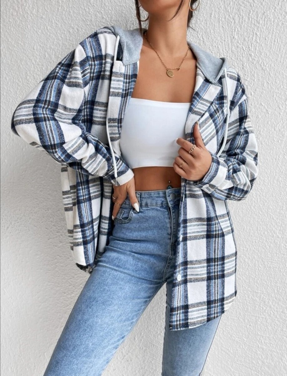 Chemise Polaire Légère à Capuche Carreaux Bleu Blanc - Taille L (42-44), Neuf Sans étiquettes