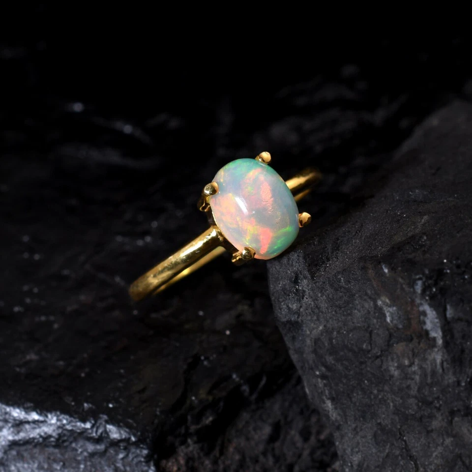 Натуральный эфиопский мульти огонь опал кабошон серебро 925 пробы позолоченное кольцо - Изображение 3 из 4