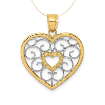 14k Gelbgold zweifarbig weiß Valentinstag filigran Herz Anhänger 18 Zoll Halskette