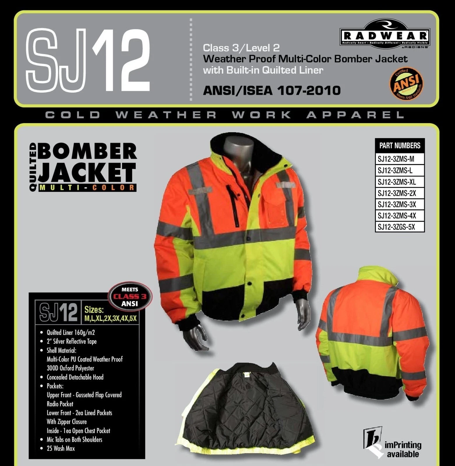 HIGH VISIBILITY ANSI Class 3 Insulated Reflective ROAD WORK Bomber Safety Jacket - product detail image 3