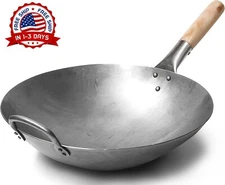 Wok Tradicional Chino De Acero Al Carbono Con Mango Auxiliar De Madera Y Acero