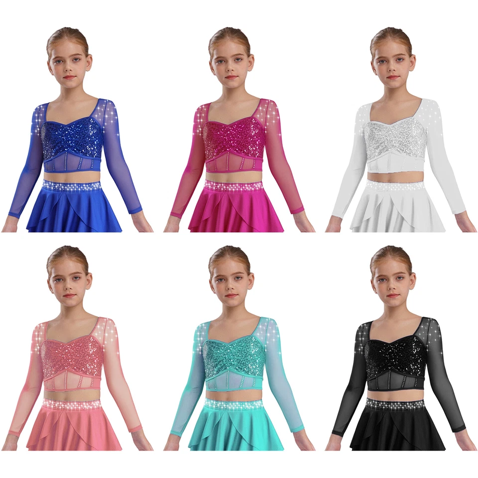 Girl's Illusion Mesh Shiny Sequins Rhinestones Corset Crop Top Dance Performance - Image 2 of 3