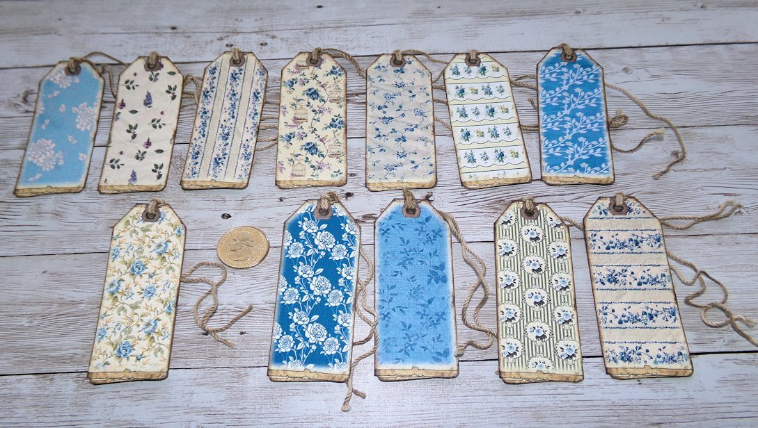 12~Vintage~Blue Flowers~Junk Journal~Linen Cardstock~Gift~Hang