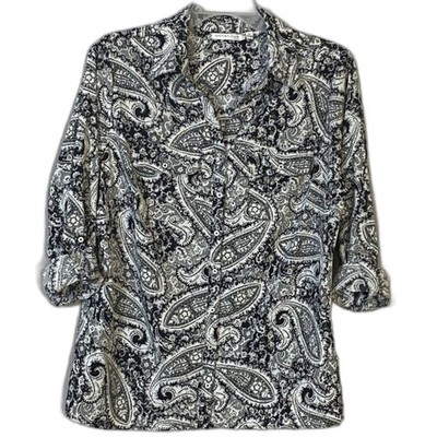 Notations Woman 1X Paisley Button Front Blouse Roll Tab Sleeve Black Gray