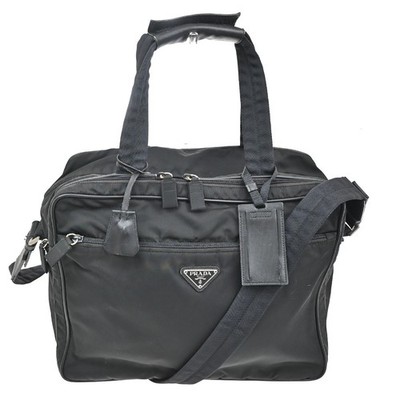 PRADA MILANO Logo Tessuto 2Way Business Shoulder Bag Nylon Leather Black 38TA378
