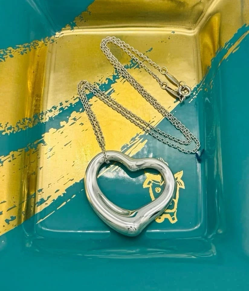 "Collar colgante corazón abierto Tiffany & co grande 36 mm plata Elsa Peretti 16""" Foto 3 de 4