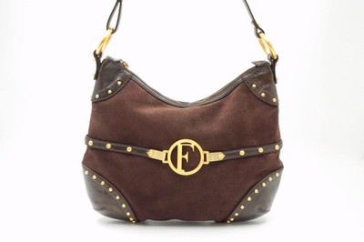 GIANFRANCO FERRE Shoulder Bag Studs F Logo Suede Leather Brown 6943h