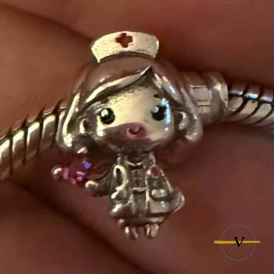 CHARM DONNA INFERMIERA ARGENTO 925 ZIRCONE ROSSO BRACCIALE BRACCIALETTO - Immagine 2 di 4