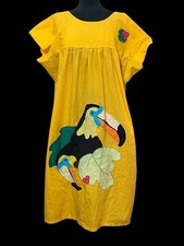 Woman s Original Size XL Mexican Dress Mumu Parrots bird Yellow Cotton Appliqu