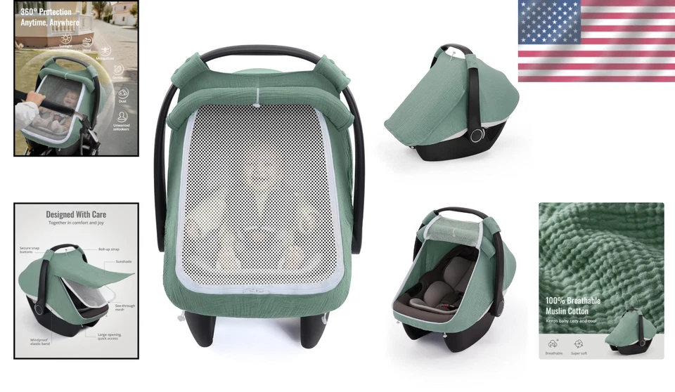 Funda Asiento Coche Bebé Extra Grande Malla Ventana Transpirable Muselina Algodón Verde Romano Foto 2 de 4