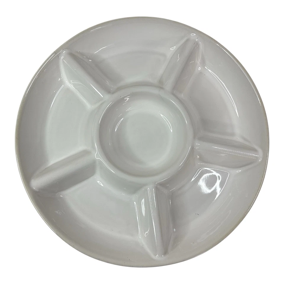 Vintage Porcelain 6-Section Vegetable & Dip Bowl Woven Basket & Wooden Handles - Image 3 of 4