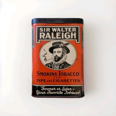Sir Walter Raleigh Pipe & Cigarette Tobacco Tin (Orange) w/ TWIU Stamp 