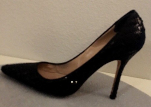 Hermosos zapatos de bomba de cuero lentejuelas negros de diseñador MANOLO BLAHNIK 37,5 ITALIA - Imagen 3 de 7