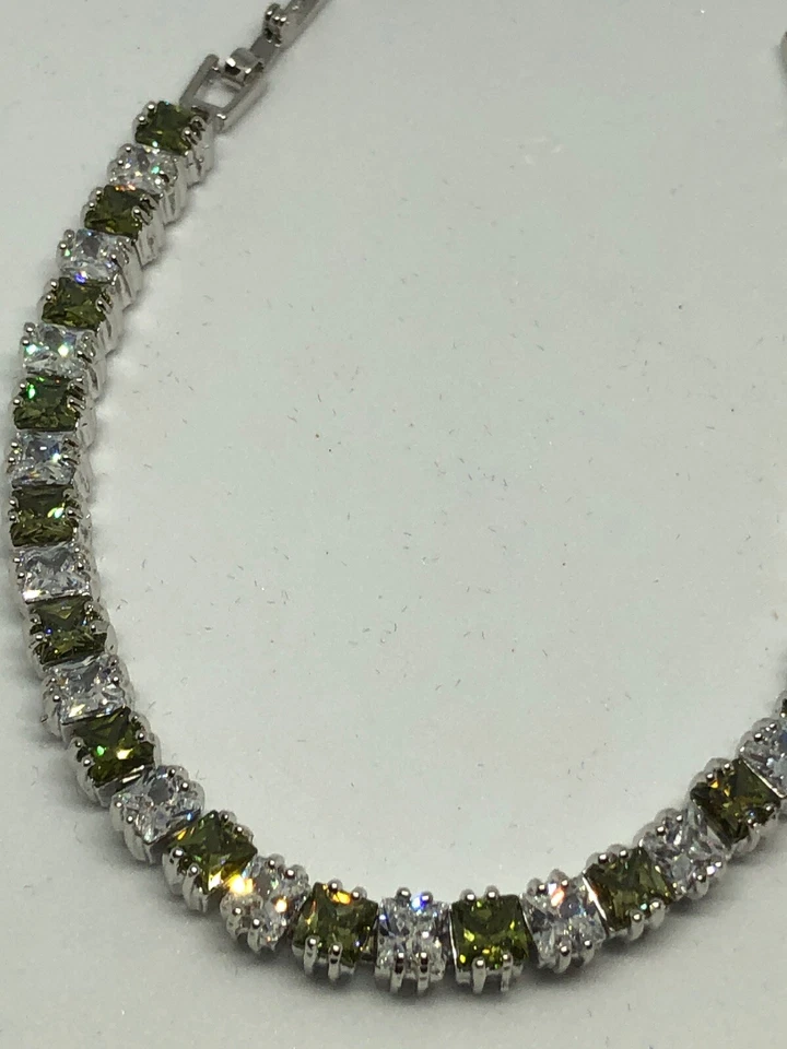 Peridot  White Topaz Tennis  Gemstone Sterling Silver 925 Chain Bracelet  - Image 4 of 4