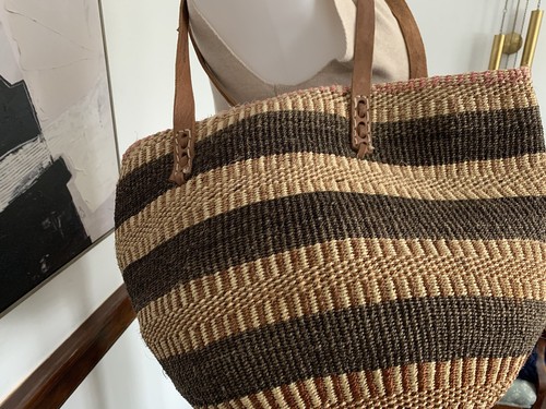 Sisal Market Jute Tote Bag Large Ethnic Boho African Leather Straps - Picture 6 of 7