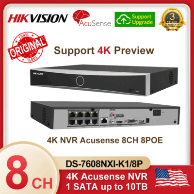 USA Original Hikvision DS-7608NXI-K1/8P 8ch 8PoE 1U K Series AcuSense 4K NVR NEW