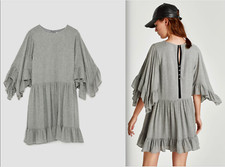 ZARA wool frilled DRESS WITH BACK BEJEWELLED DETAIL-Light grey-8202/070-sz XS