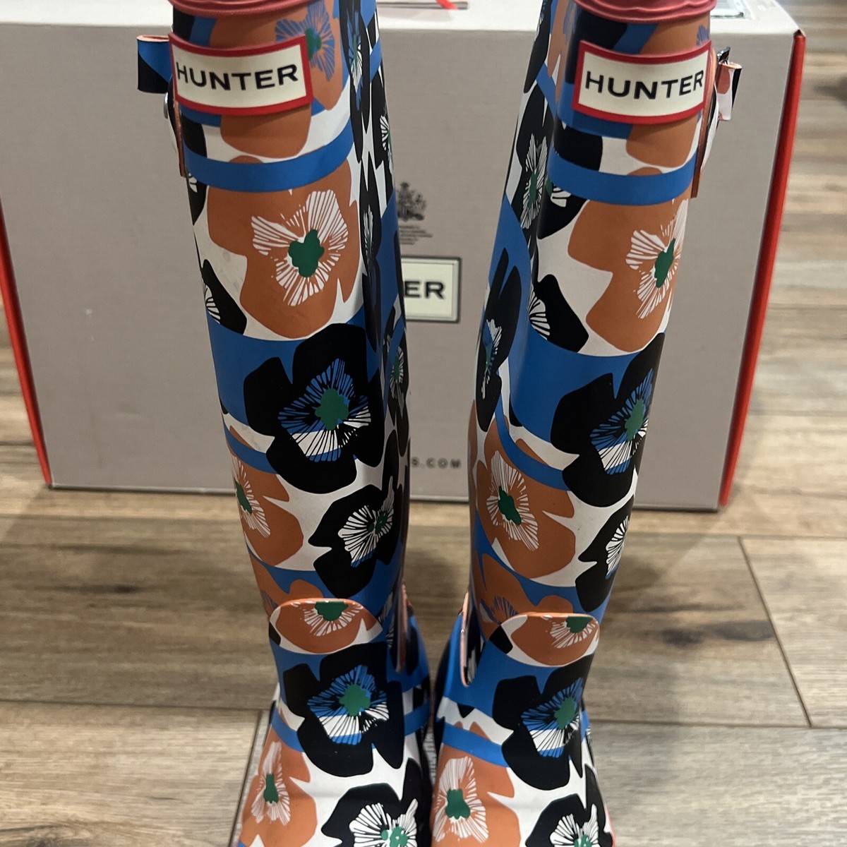 HUNTER Floral Stripe Peony Rain Boots Women's Pink Blue White TALL