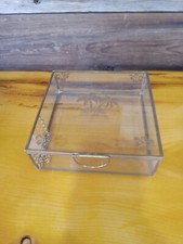 Trinket Box Handmade Glass and Brass Etched Lid Vintage Decor 6" L x 6" W Gift