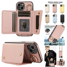 For iPhone 15 Pro Max 14 13 12 11 Crossbody Card Slot Stand with Ring Case Cover