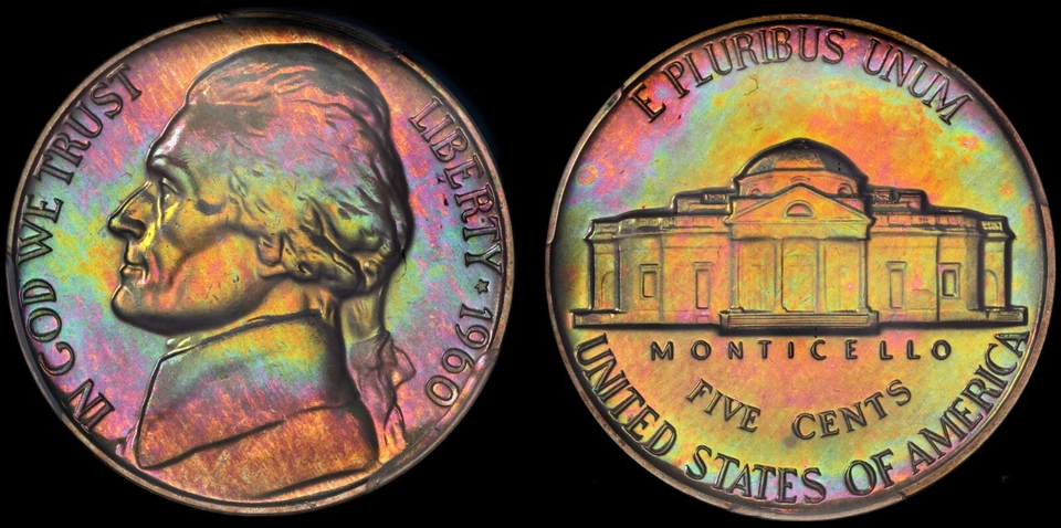 1960 5C Jefferson Nickel PCGS PR67+ Plus Grade Monster Rainbow Toned Neon Color - Image 3 of 4