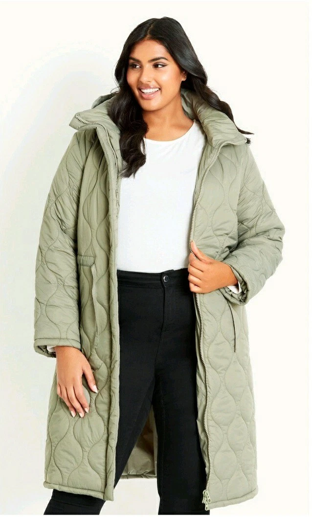 Evans Plus Size 16 Womens Hooded Quilted Puffer Long Olive Green Coat Jacket