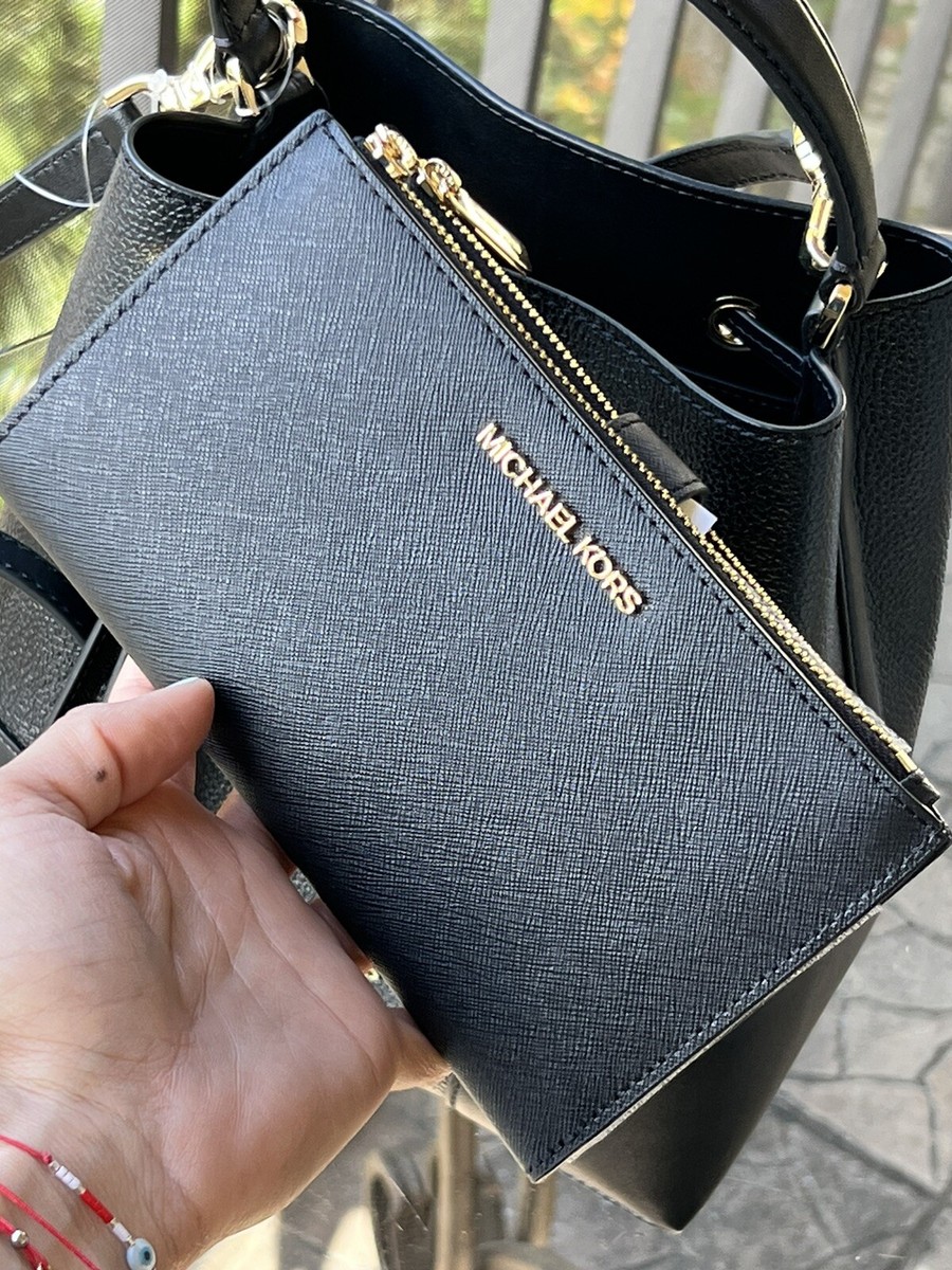 New Michael Kors Leather Logo MD Mercer Crossbody HandBag black+