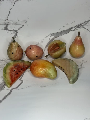 7 VINTAGE ITALIAN ALABASTER MARBLE STONE FRUIT LOT. WATERMELON, PEACH, PAIR.