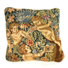 Vintage Needlepoint Pillow Floral Cherub Angel Wool and Velvet Zipper 15 X 15