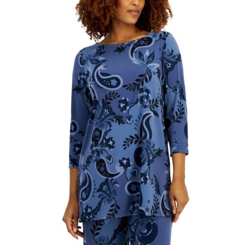 JM Collection Women's Printed Boat-Neck Tunic Top Intrepid Blue Size M NWT