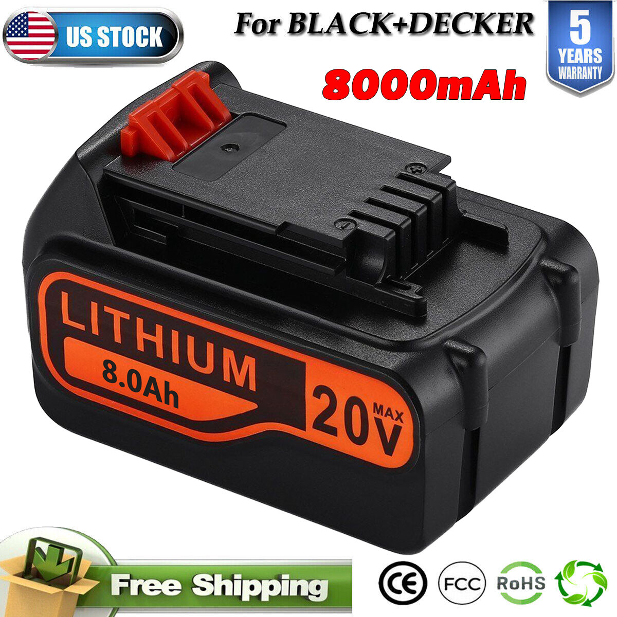 8.0Ah Replacement Battery for BLACK & DECKER 20V LBXR20 LB2X4020-OPE Lithium Ion  