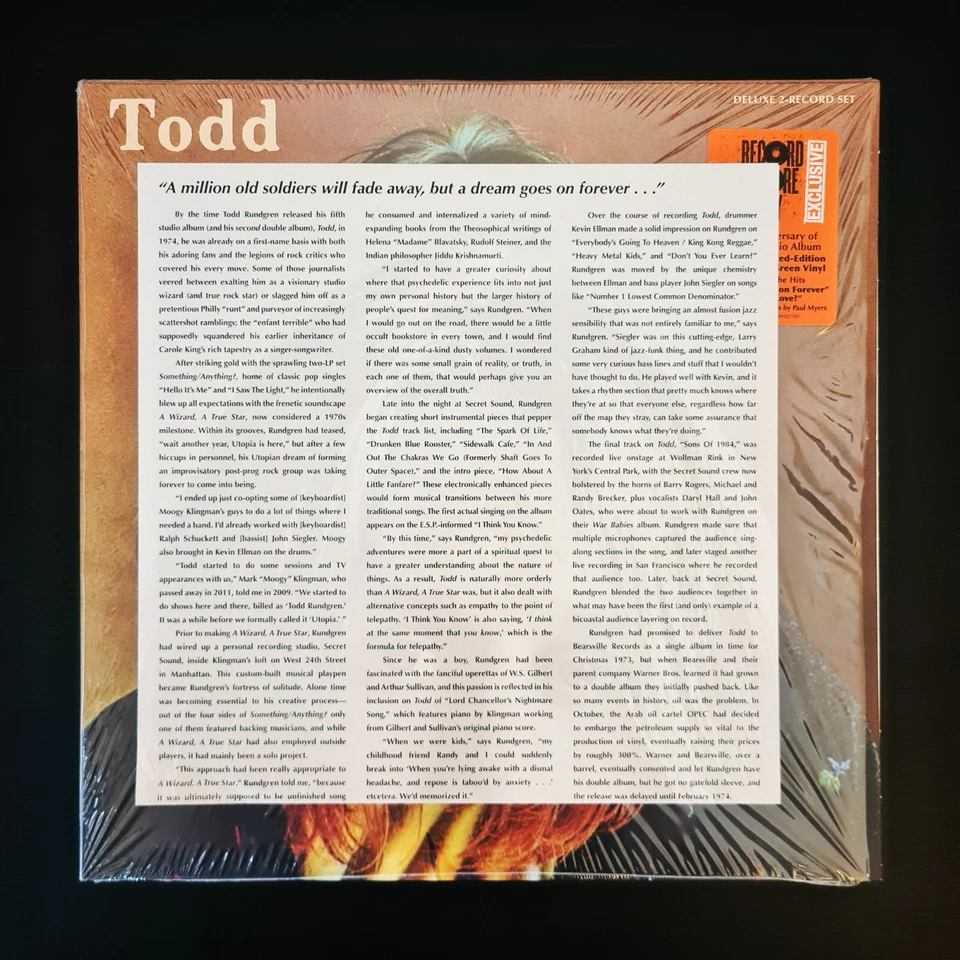 TODD RUNDGREN - TODD Limited Edition GREEN ORANGE Vinyl 2x LP RSD Rock Synth Pop - Image 4 of 4