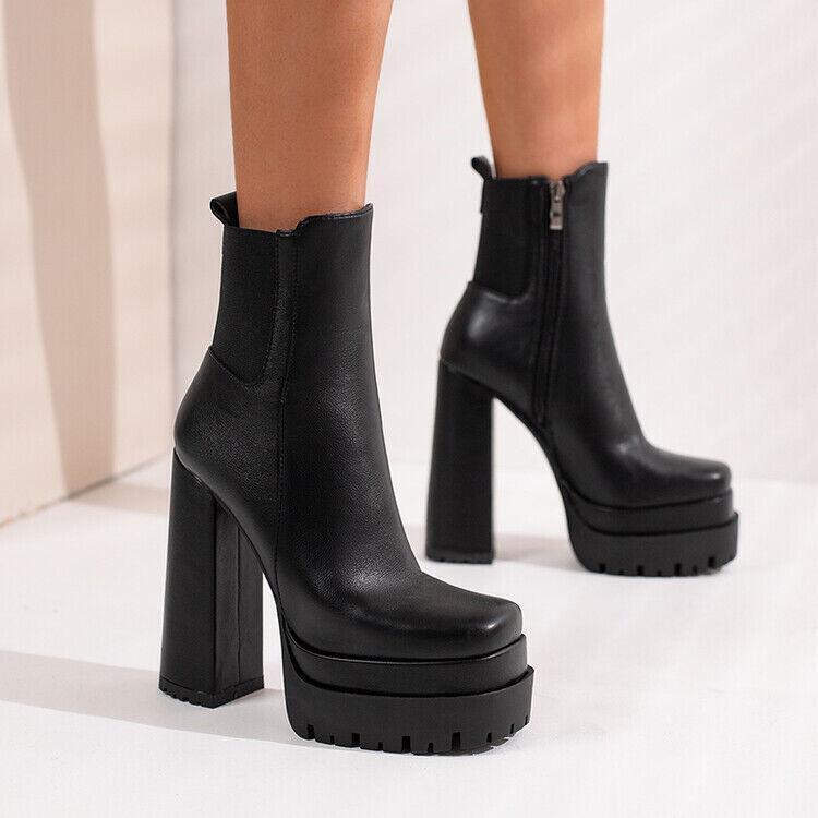 Women's square Toe Block high Heel Ankle Boots Side Zip