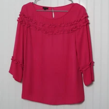 Talbots Pink Ruffle Trim Boat Neck 3/4 Sleeve Poly Blouse Medium