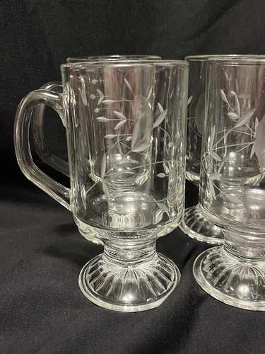 Vintage Princess House Crystal Set 4 Irish Coffee Mugs #504 Footed Heritage Etch - Picture 3 of 5