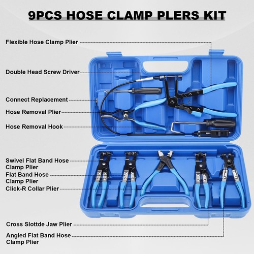 9Pcs Flexible Hose Clamp Pliers Set Long Reach Wire Remover Tool for Fuel Hoses - Foto 2 di 10